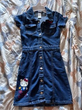 Hello Kitty Dark Blue Denim Button-Front Kids Dress with Graphic design